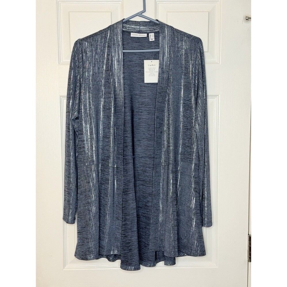 NEW Susan Graver Blue Black Silver Metallic Open Front Cardigan Women’s MEDIUM
